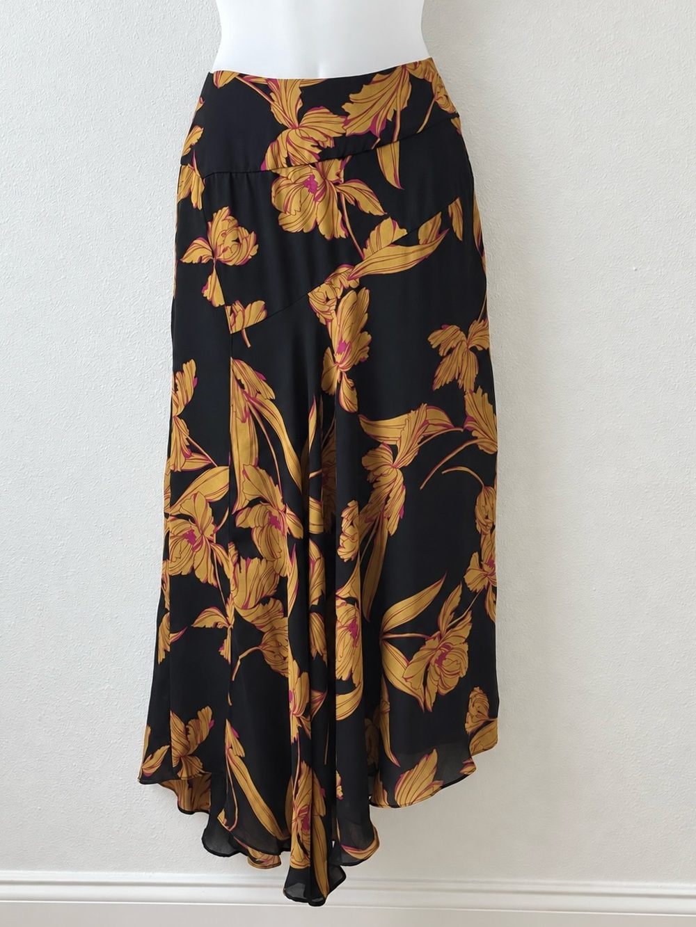 A.L.C. 100% Silk Black Asymmetrical Skirt Mustard Floral Print Wrap Style 2